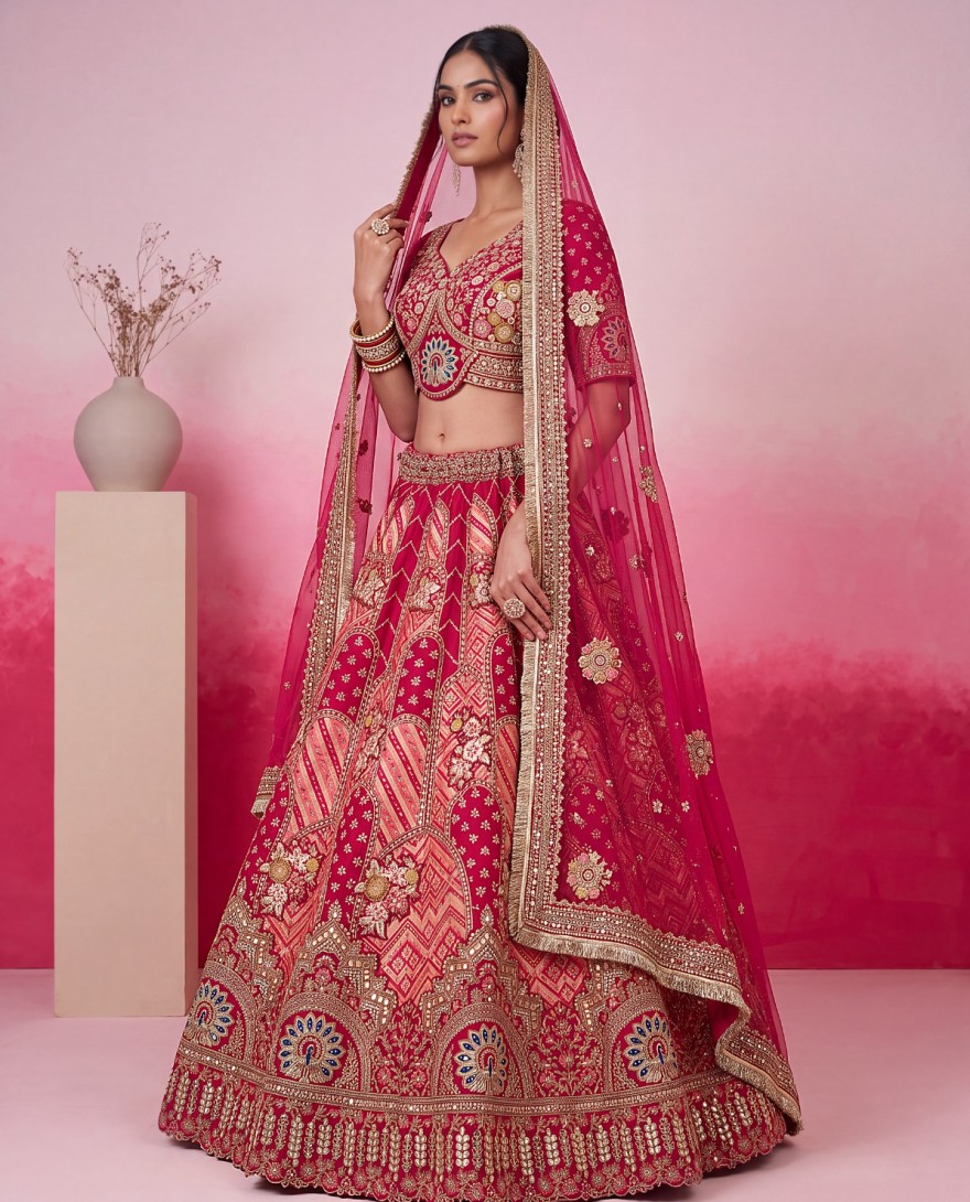 3068 - Rani Pink Silk Bridal Lehenga Choli With Gota Patti